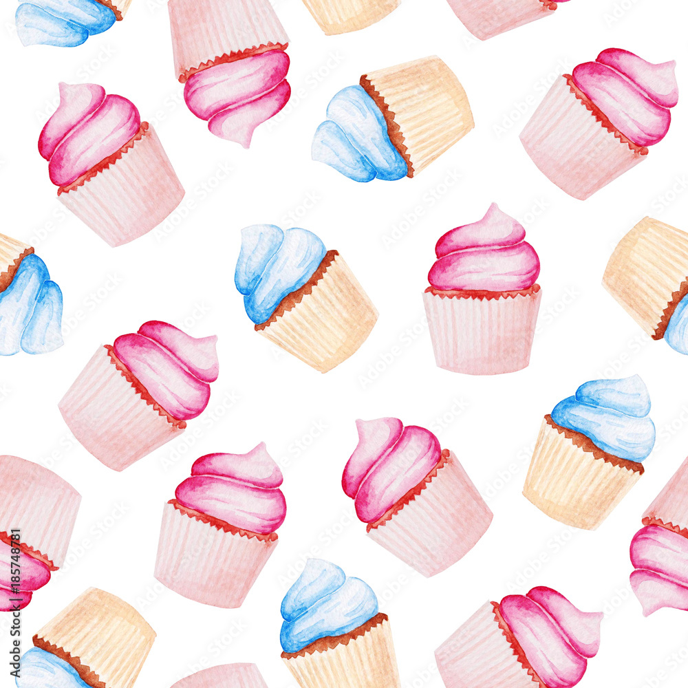 Watercolor baby shower pattern. Pink and blue cupcake. For design, print or background Watercolor baby shower pattern. Pink and blue cupcake. For design, print or background