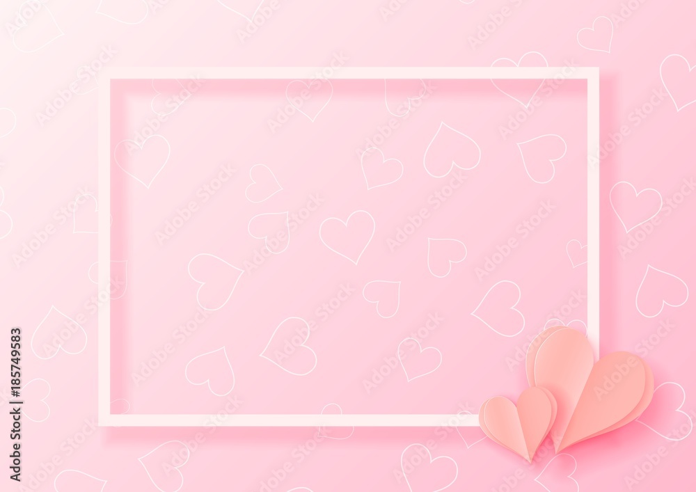 3d abstract paper cut illustration of pink heart shape with white frame. Vector colorful greeting card