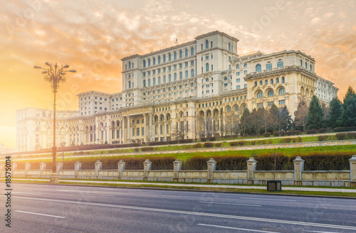 The Palace of the Parliament at sunset time, Bucharest, Romania.