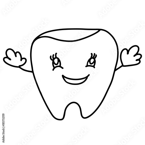 Happy healthy smiling tooth with hands up. Cute cartoon tooth character. Concept dental illustration for medical articles, dental sites, clinic, banners, advertising, prints, posters, logos. 