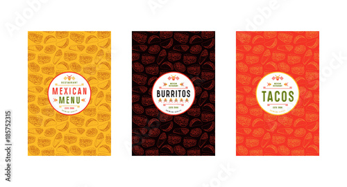 Set of label, logo and seamless pattern for mexican restaurant