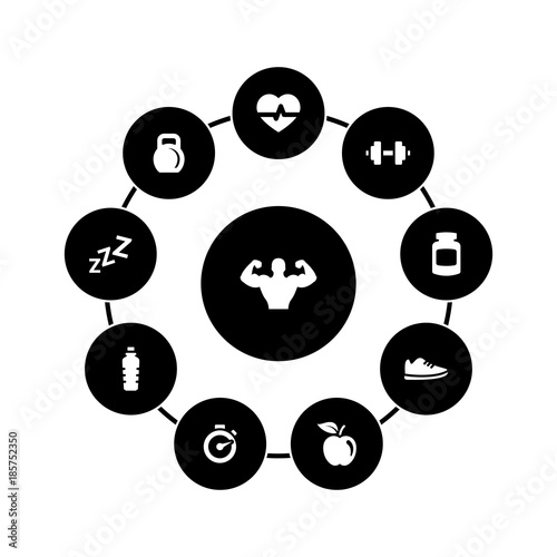 Set of simple icons on a theme Fitness, vector, design, collection, flat, sign, symbol,element, object, illustration, isolated. White background