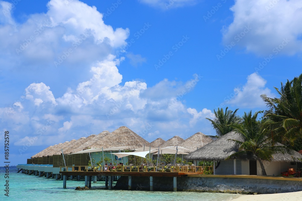 Cafe on tropical Maldives island - nature travel background