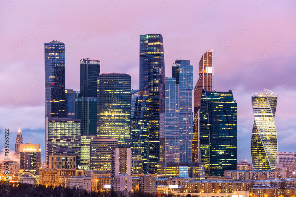 Evening view of the Moscow International Business Center Moscow-City, Russia. Many companies and headquarters reside here.