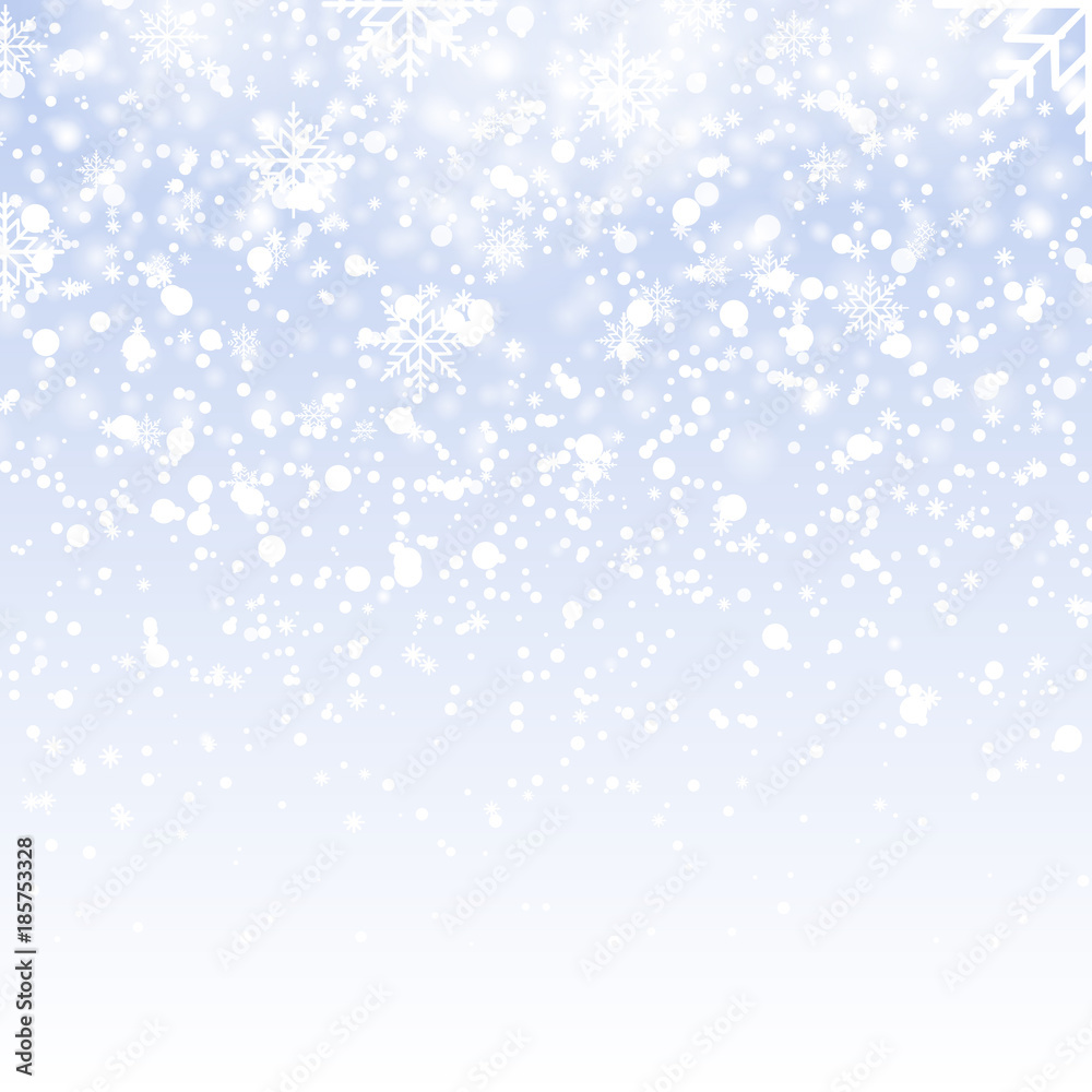 Christmas background with falling gold snowflakes on blue sky. Vector