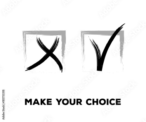 Yes and No Vector Set Square Frames, Isolated.  Hand Painted Election, Quizz, Voting, Test Symbols. Ink Brush Rejection and Approval, Query Choice Icons. Yes and No Tick and Cross Symbolic Marks.