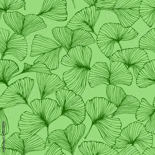 seamless pattern with ginkgo biloba leaves, textured hand drawn outline leaf veins
