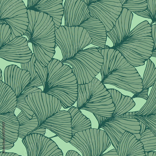 seamless pattern with ginkgo biloba leaves, textured hand drawn outline leaf veins © everigenia