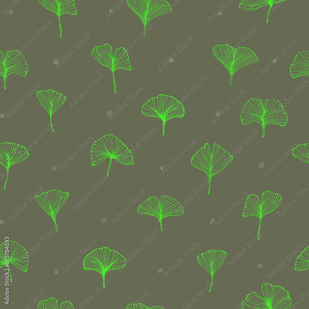 seamless pattern with ginkgo biloba bright contrast green color leaves, textured hand drawn outline leaf veins