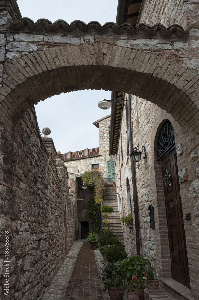 Spectacular traditional italian medieval alley in the historic center of beautiful little town of Spello (Perugia), in Umbria region -  central Italy