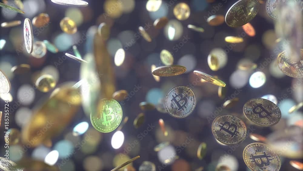 Falling bitcoin tokens, slow motion animation