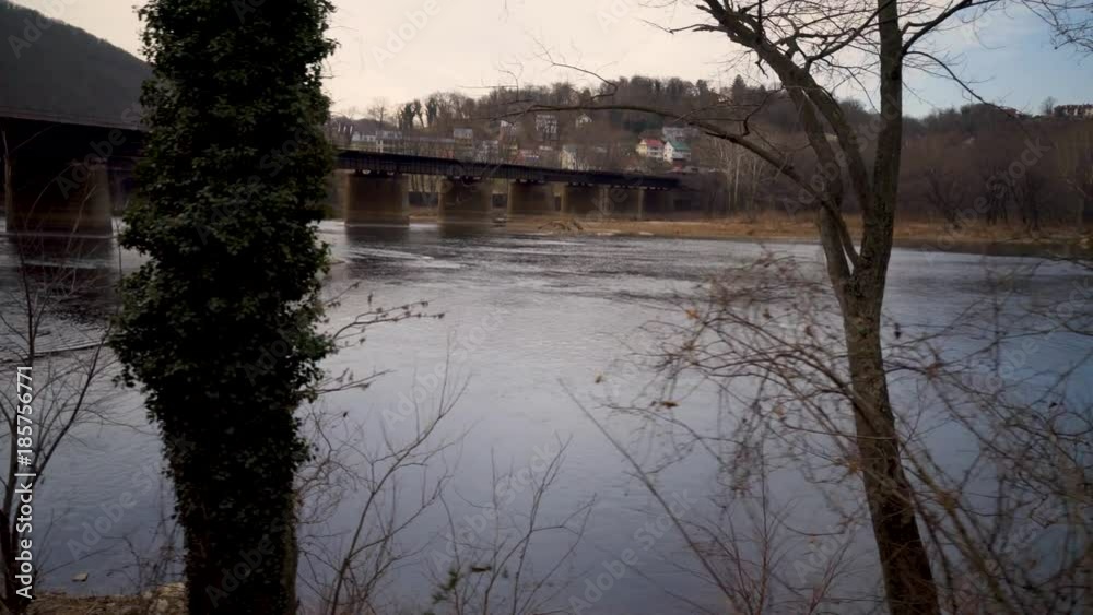 View of Harpers Ferry, West Virginia across the Shenandoah River while moving. View of Harpers Ferry, West Virginia across the Shenandoah River while moving.