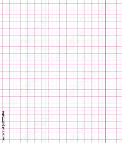 Pink square notebook sheet school paper with pink vertical line on the right. Education vector illustration. School background. Seamless square grid pattern.