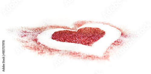 Red glitter heart on a white background for Valentines Day