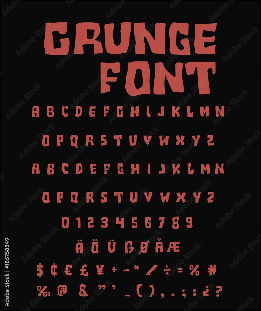 Red grunge font - Stylized vector alphabet, numbers, punctuation marks