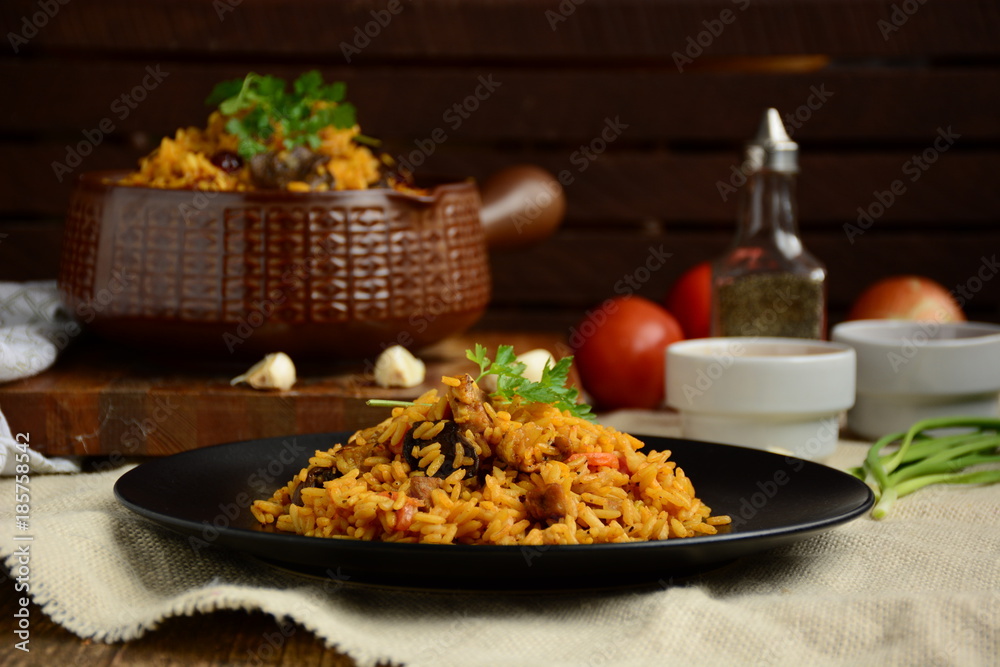 Rice with meat and mushrooms
