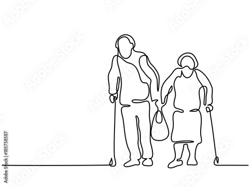 Continuous line drawing. Happy elderly couple walking with bag. Vector illustration