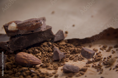 Dark chocolate stack on the wooden,Close up chocolate