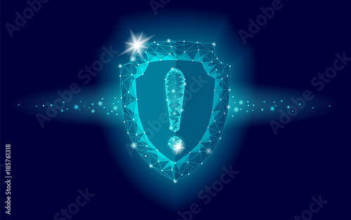 Cyber security safety shield low poly exclamation point. Polygonal geometric guard attention virus alert internet attack warning antivirus. Blue glow firewall protection hacker vector illustration