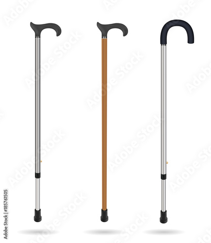 Wooden cane and metal telescopic canes with elegant and ergonomic handles. Isolated objects on white background. Medicine and health. Vector illustrations.