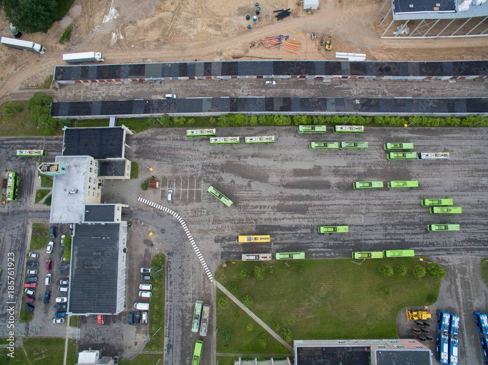 Trolley and bus depot in Kaunas, Lithuania. Aerial view