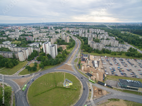 Roundabout in Eiguliai district, Kaunas, Lithuania. Aerial view