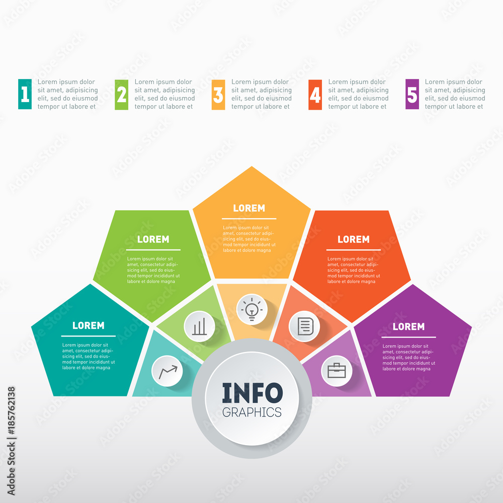 Vector infographic of technology or education process. Business presentation concept with 5 options. Part of the report with icons set. Web Template of a info graphics, diagram on light background.
