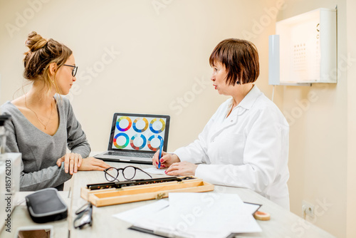 Senior woman ophthalmologist with young female patient during the consultation in the ophthalmological office photo