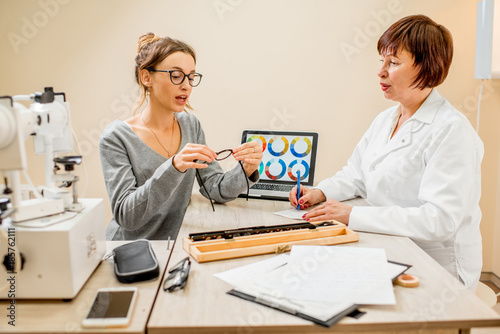 Senior woman ophthalmologist with young female patient during the consultation in the ophthalmological office