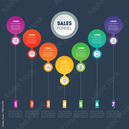 Business presentation concept with 7 options. Web Template of a sales pipeline, purchase funnel, info chart or diagram. Vector infographic of technology or education process.