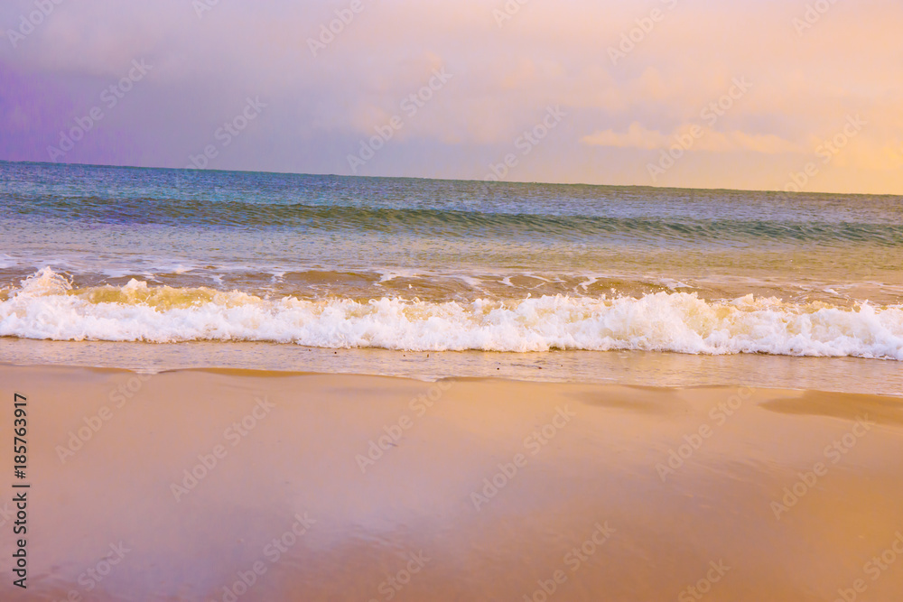 Foamy Clear Sea Wave Rolling to Golden Sand Shore Turquoise Water. Beautiful Tranquil Idyllic Dramatic Scenery. Ocean Beach Vacation Relaxation Paradise. Pastel Colors Copy Space