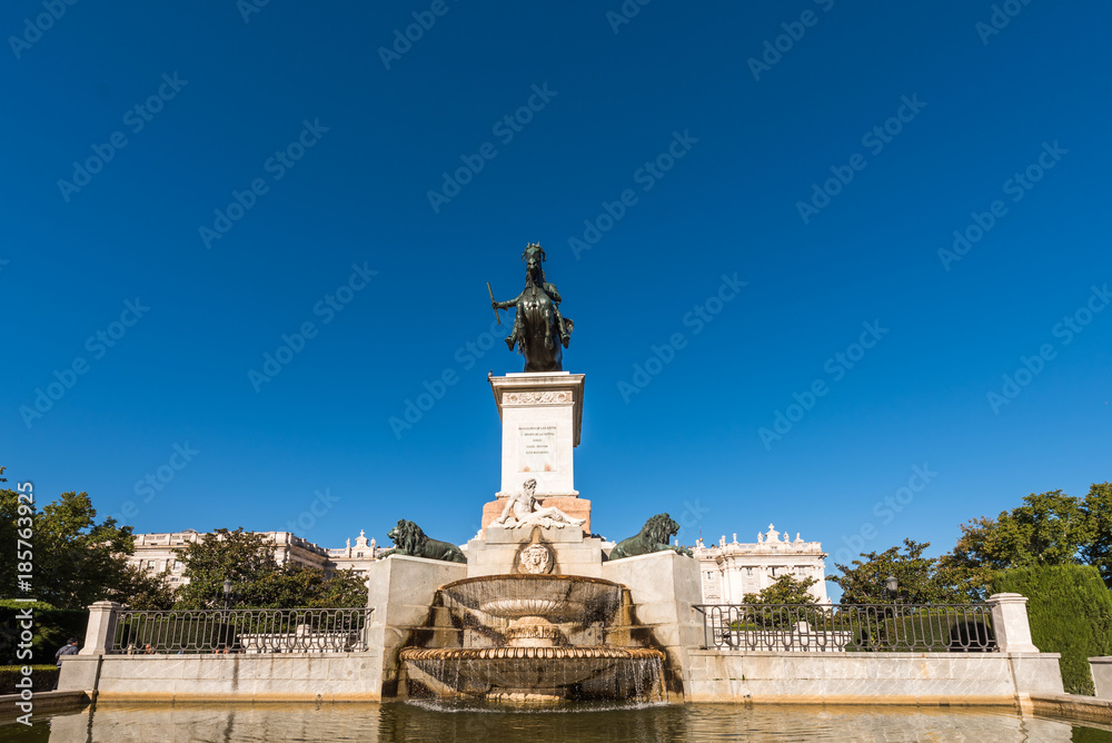 Horse sculpture of King Philip IV in Madrid, Spain. Copy space for text.