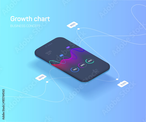 The concept of a mobile application with a graph of growth indicators, colorful Infographic