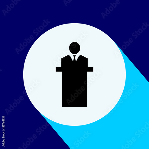 Business Man behind the speaker. Icon with long shadow. Vector Illustration isolated for graphic and web design.