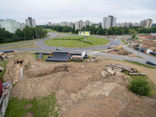 Roundabout in Eiguliai district, Kaunas, Lithuania. Aerial view photo