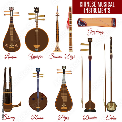 Vector set of chinese musical instruments, flat style. photo