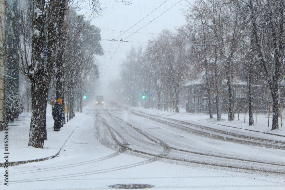 Woman waiting for trolleybus