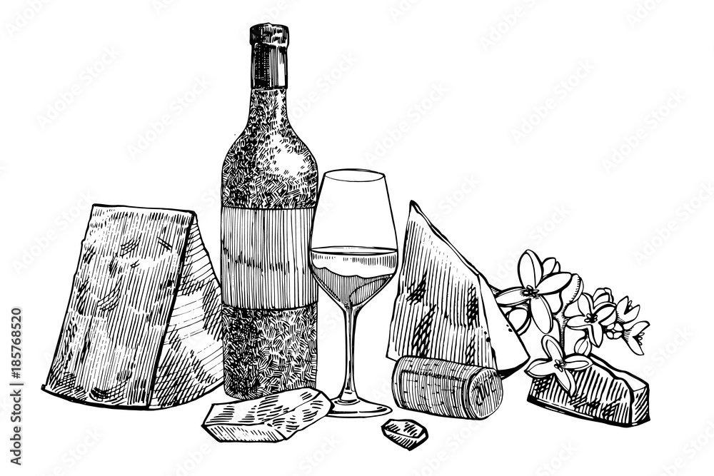 Φωτογραφία Composition of a bottle of wine, glasses, parmesan cheese, grapes and leaves with olives