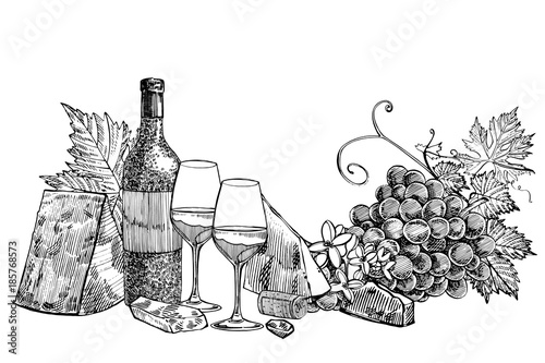 Composition of a bottle of wine, two glasses, parmesan cheese, grapes and leaves with olives. Hand drawn engraving style illustrations. Banners of wine vintage background.