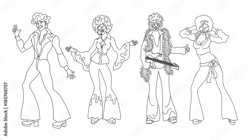 Soul Party Time. Dancers of soul outline set funk or disco.People in 1980s, eighties style clothes dancing disco, cartoon vector illustration isolated on white.Men and women in 80s style clothing Soul Party Time. Dancers of soul outline set funk or disco.People in 1980s, eighties style clothes dancing disco, cartoon vector illustration isolated on white.Men and women in 80s style clothing