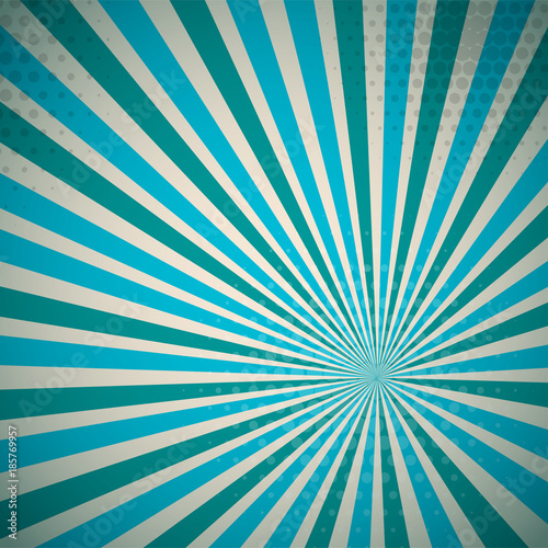 Aquamarine turquoise colored Pop-Art style blue comics book background, Lichtenstein popart. Pop art comic strip backdrop sunlight, sun ray space. Funny halftone dotted template. Vector illustration.