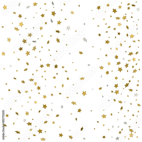 Gold glitter Confetti stars background. Scatter on bottom made of gold glittering confetti stars. Scatter bottom frame on white background. Vector illustration.