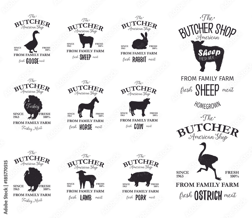 Butcher American Shop labels design set with ostrich, turkey bird, horse, cow, lamb. Farm animals grunge logo templates. Animals silhouettes. Can be used for typography banners, advertising