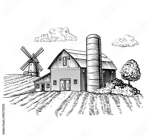 Fotografia Rural landscape, farm barn and windmill sketch