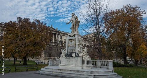 VIENNA, AUSTRIA – DECEMBER 2015 : Moving timelapse of Mozart Statue in central Vienna
