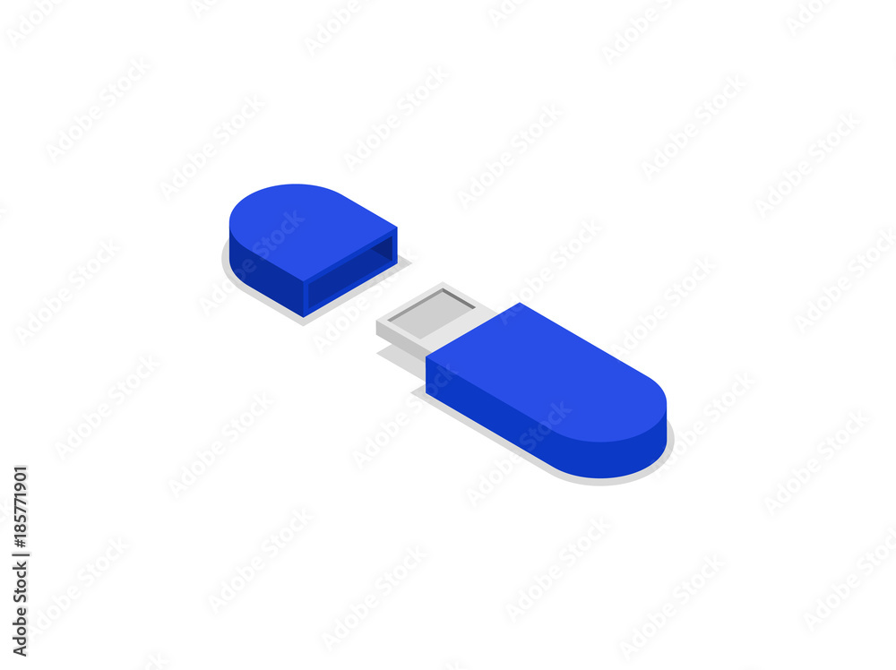 Blue usb drive isometric 3D icon. Digital technologies, computer device, multimedia equipment vector illustration