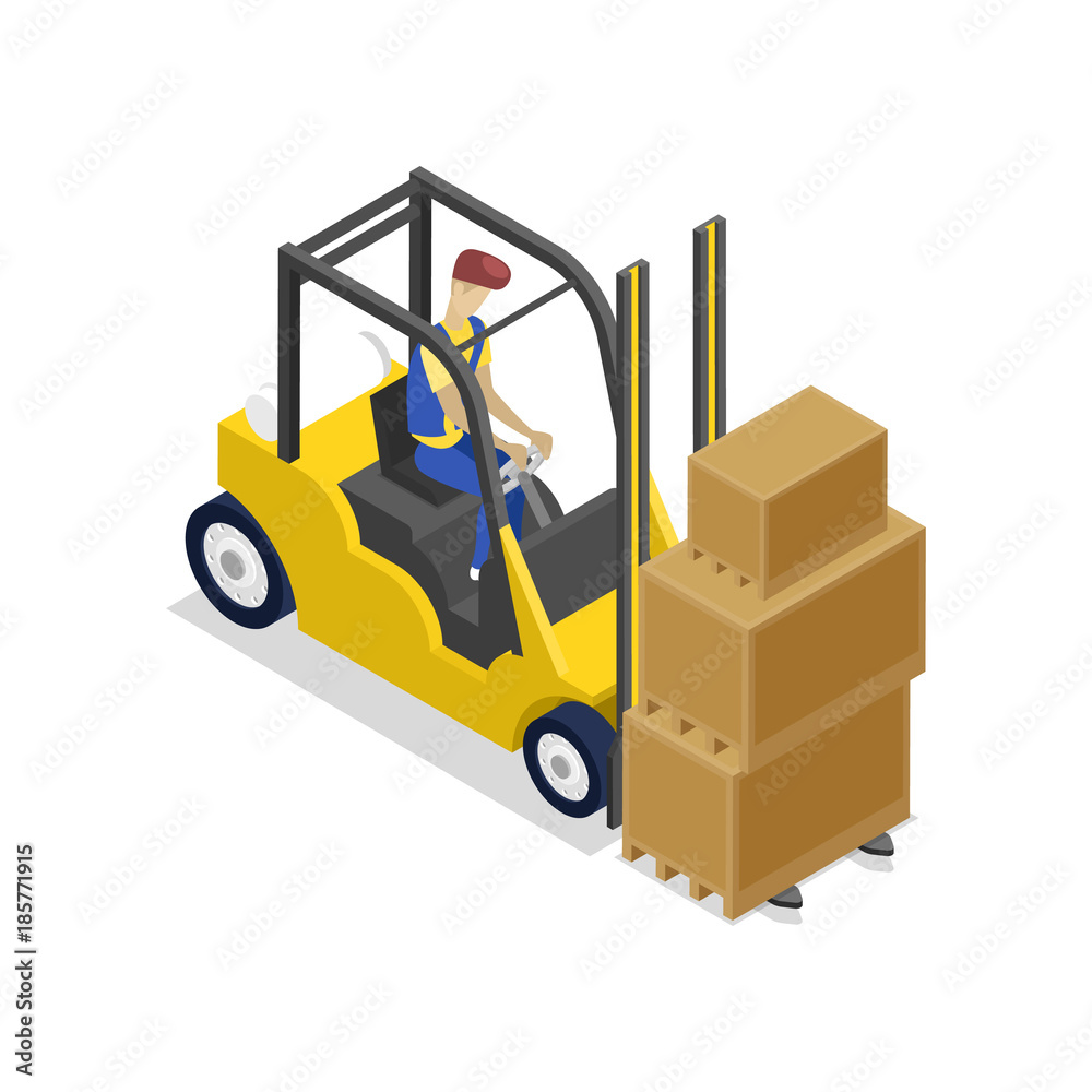 Warehouse forklift loading boxes isometric 3D icon. Storage logistics and cargo shipping service vector illustration isolated on white background.