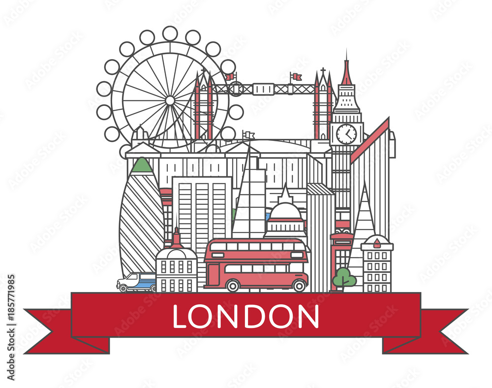 Travel London poster with national architectural attractions in trendy linear style. London famous landmarks on white background. British tourism advertising and worldwide voyage vector concept.