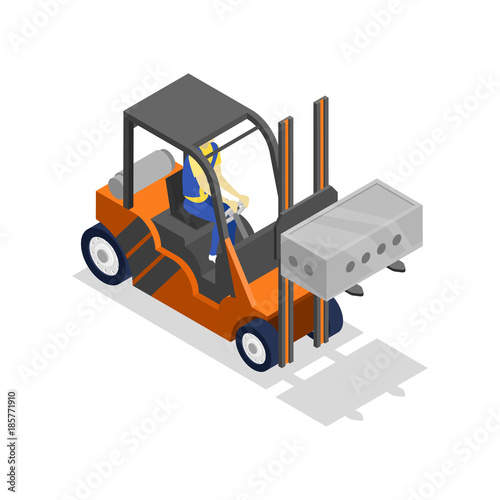 Forklift loading cinder block isometric 3D icon. Storage logistics or house construction vector illustration isolated on white background.