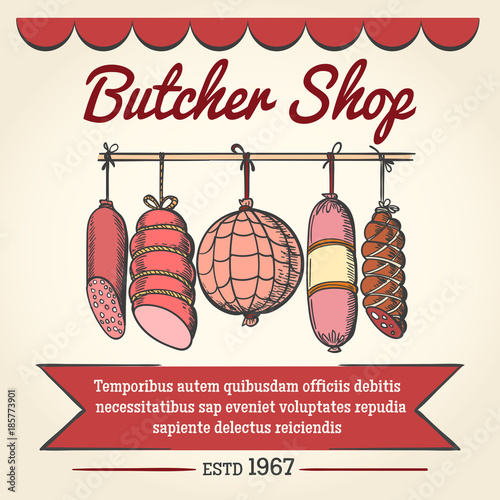 Butcher shop poster. Smoked sausage and ham, bacon and meat products retro banner vector illustration